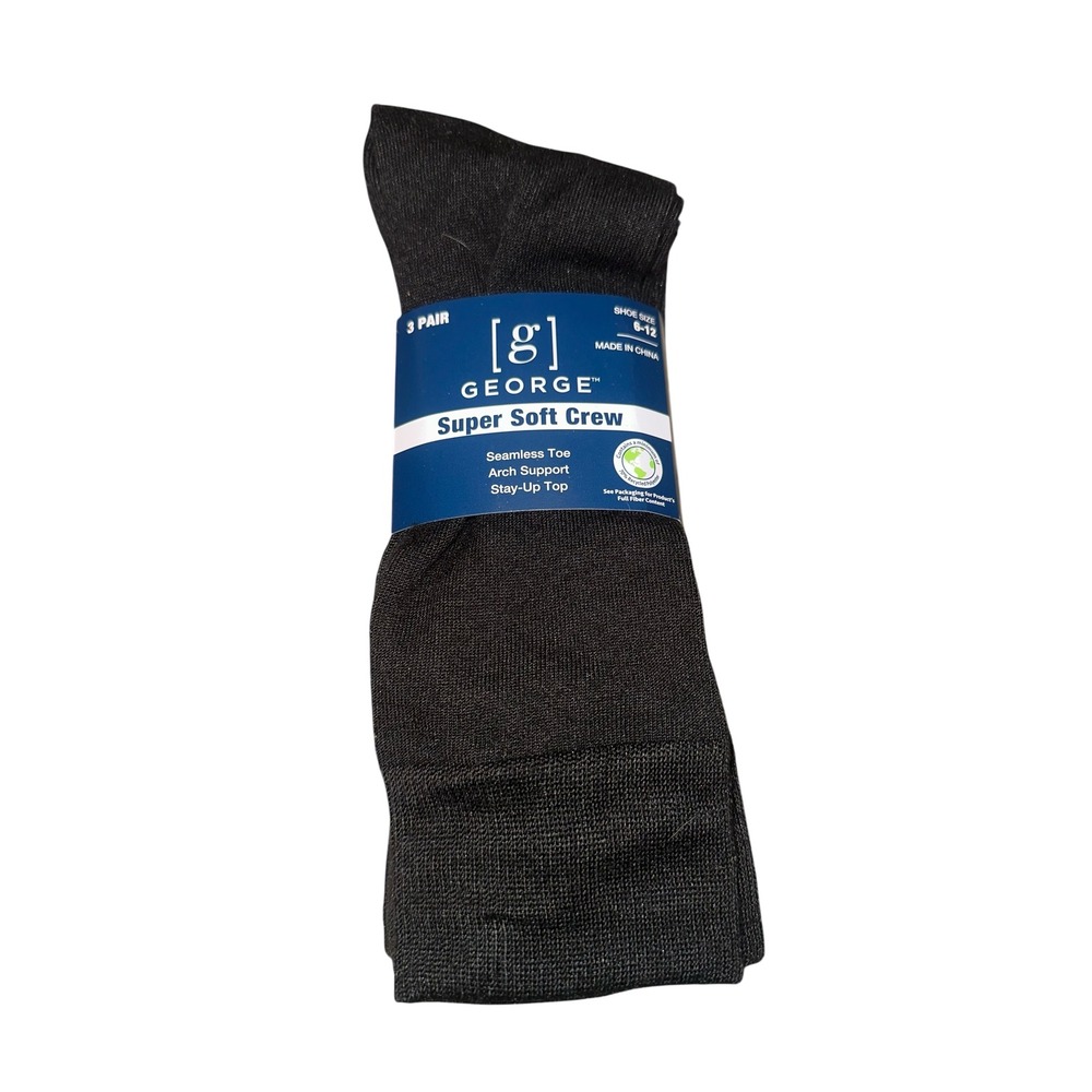 NWT George Mens Super Soft Crew Socks 3 Pair Pack Size 6-12 Seamless‎ Toe
